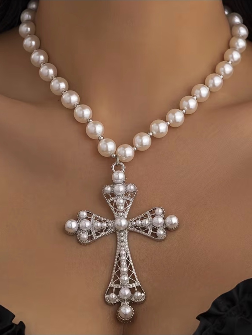 White Pearl Necklace with Silver Cross Pendant - Women Jewelry - Picture 2 of 3